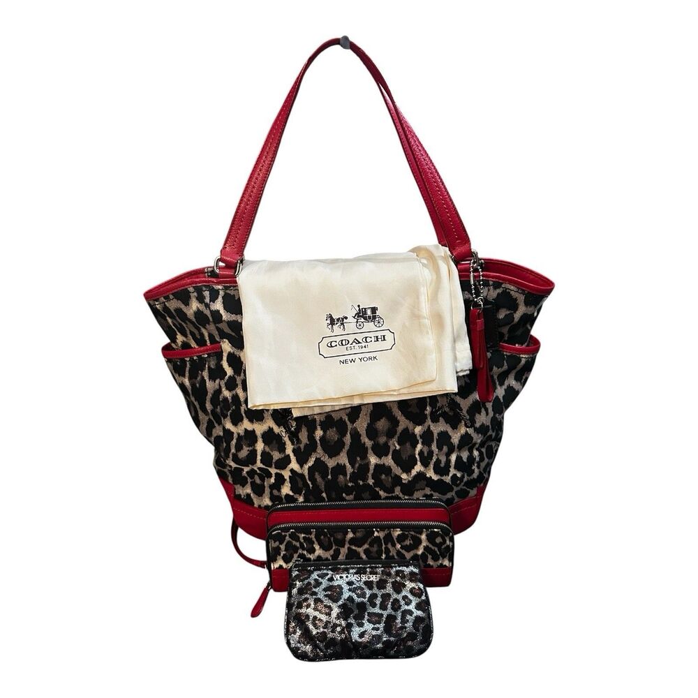 Coach Park Ocelot Leopard Print Canvas Red Shoulder Tote Bag + Matching Wallet